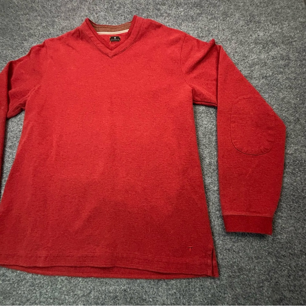 Left Coast Tee Pima Cotton V-Neck Sweater Red Elbow Patches Men's Size L Peru - Picture 3 of 13